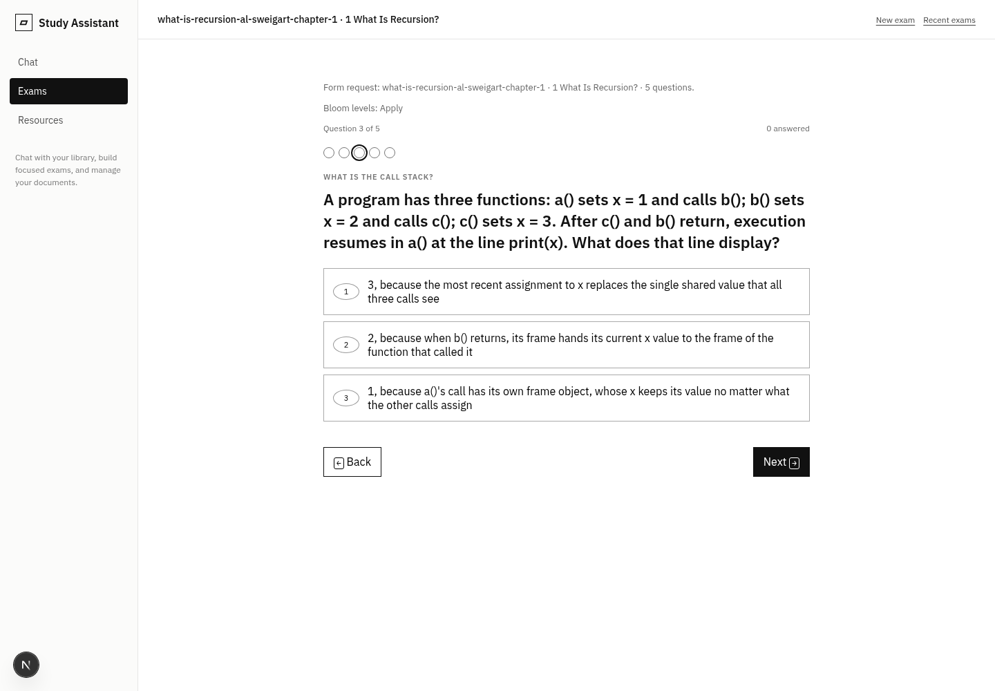 An apply-level question asks how a program's call stack handles assignments to x across three functions.