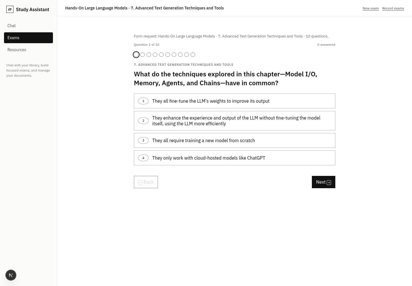 A question about techniques like model/IO, memory, agents, and chains includes false distractors claiming that those techniques require fine-tuning LLM's weights; and requiring a new model.