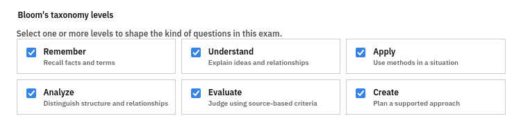 Bloom's Taxonomy level selector showing remember, understand, apply, analyze, evaluate, and create.